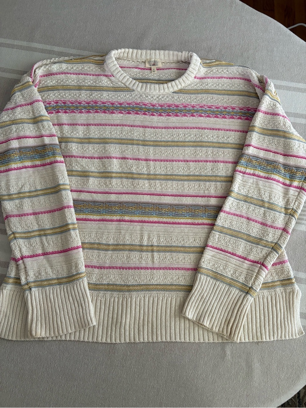 Faherty Women’s Cream Striped Crewneck Sweater Textured Knit Cotton Linen Medium